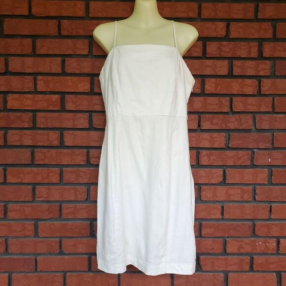 Halston Dresses & Skirts - Halston Dress Size 8 Linen Blend Square Neck Midi Sheath Ivory Metallic Stretch